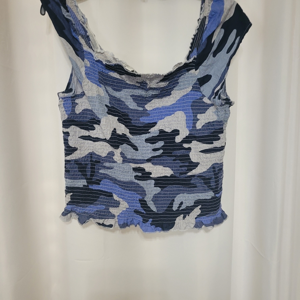 Cato Blue & Gray Camouflage Smocked Crop Tank